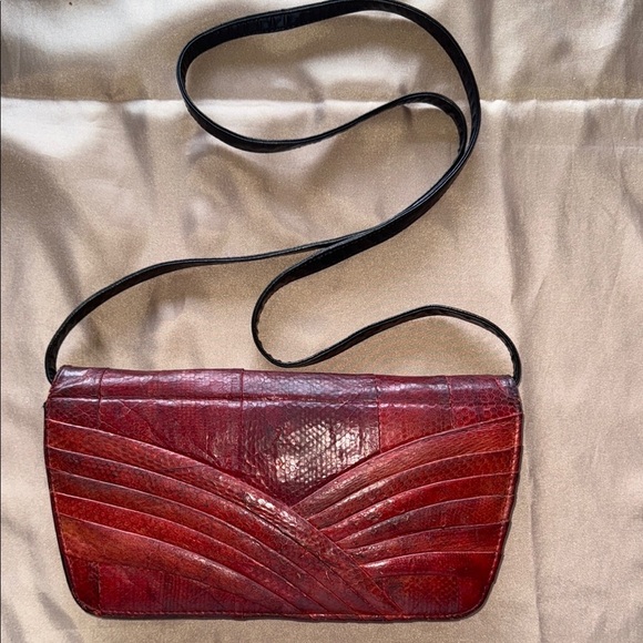 Vintage Snakeskin and Leather Clutch Crossbody Shoulder Bag Red and Black - Picture 1 of 11